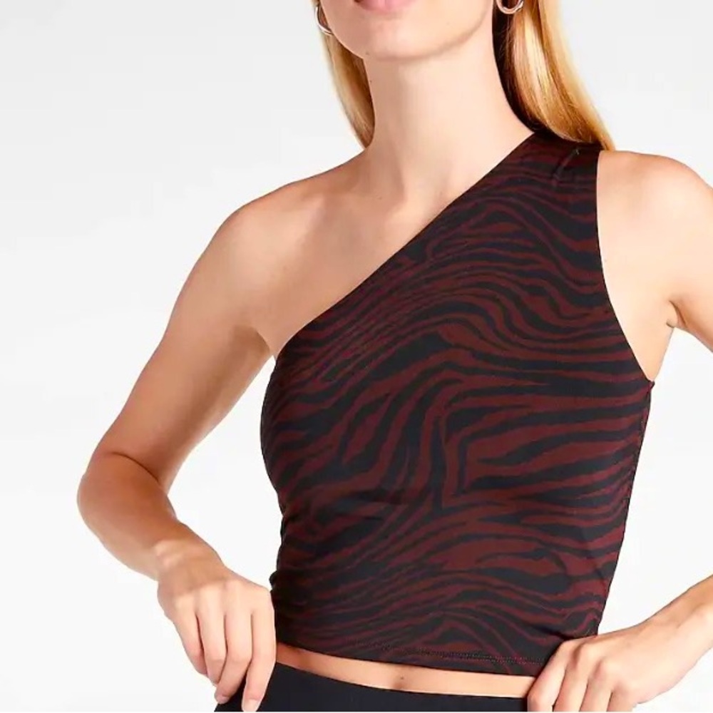 Express large one shoulder cropped zebra print tank